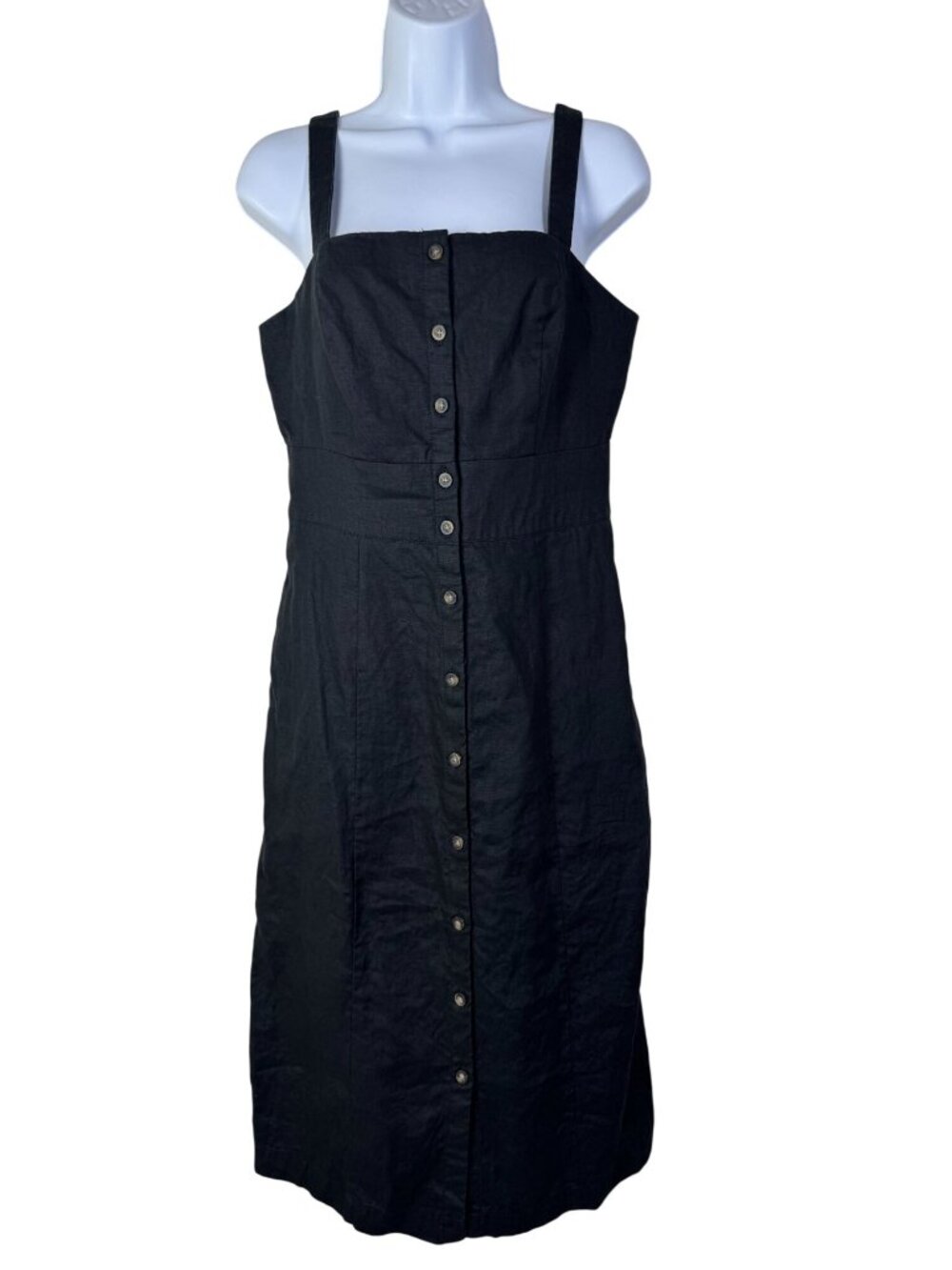Boden Black Linen Button Front Midi Dress Women size 4 Classic Capsule Lagenlook